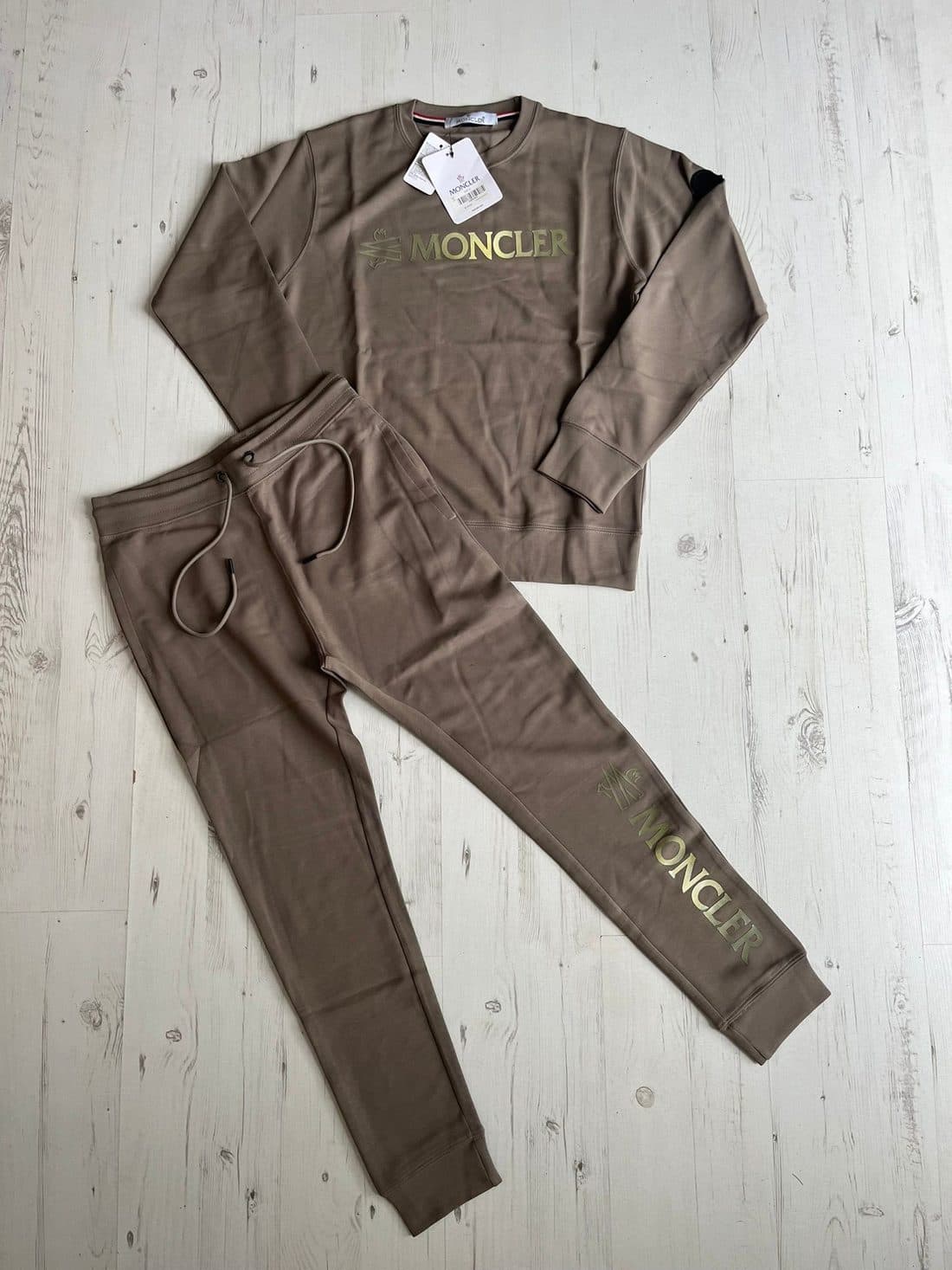 Moncler Wordmark Tracksuit in Taupe — front
