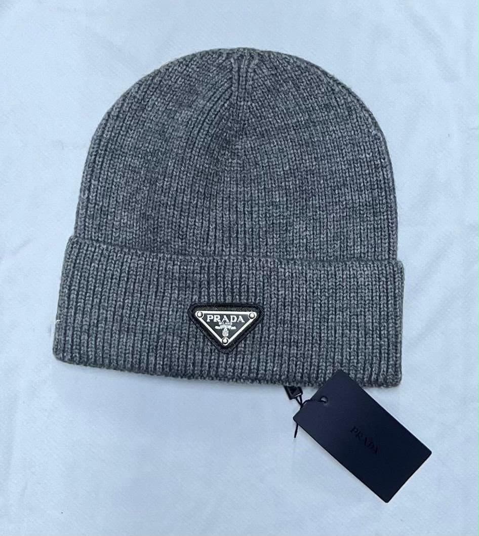 Prada Triangle Logo Beanie in Grey — front