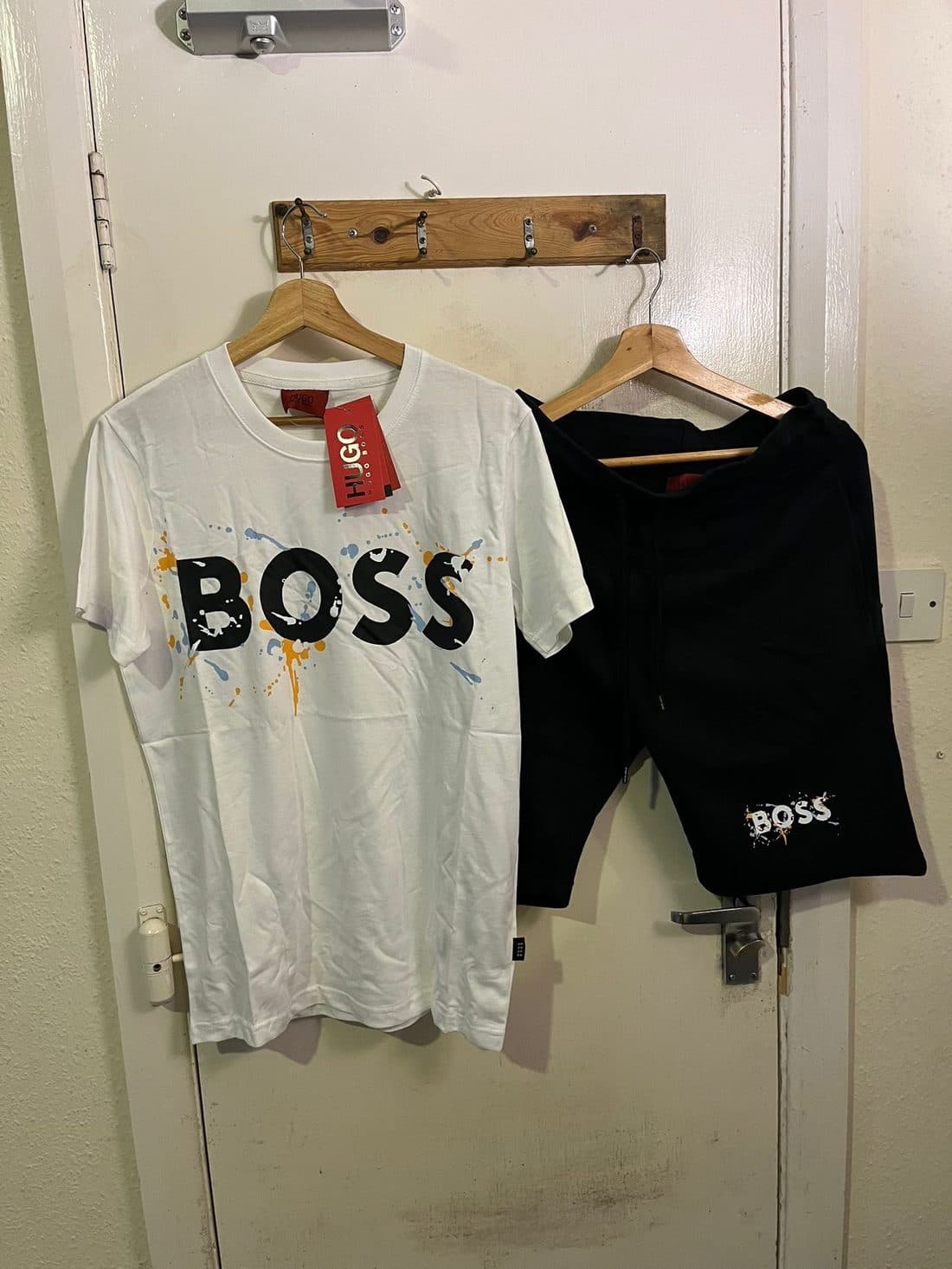 BOSS Paint Splatter Short Set in White / Black — front