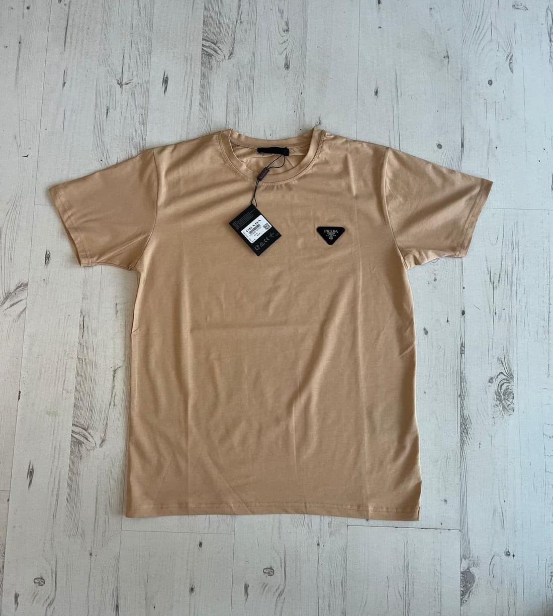 Prada Triangle Logo Tee in Tan — front